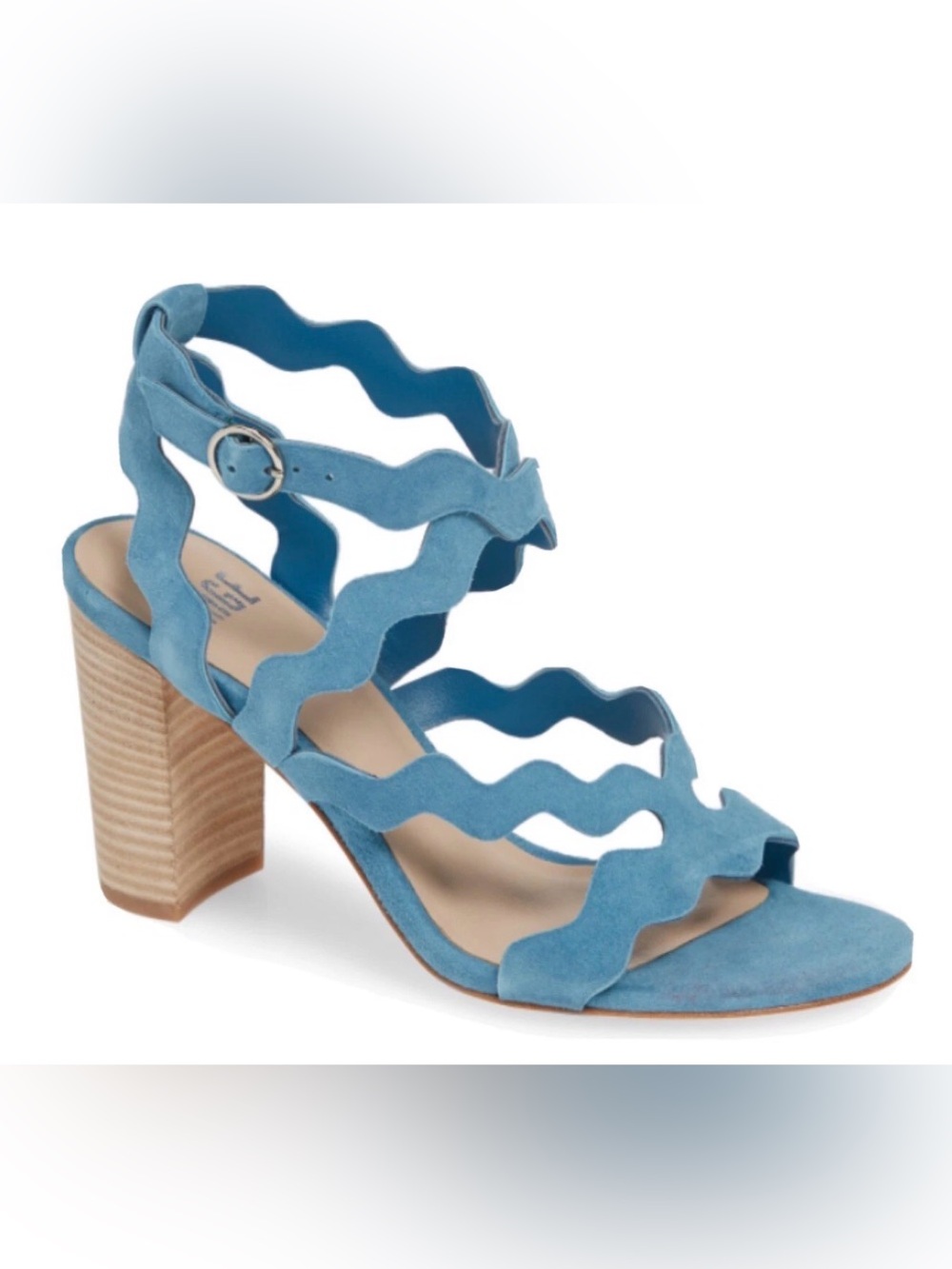 NEW Paige 8.5 Light Blue Suede Leather 3.5” Heel Strappy Vamp Scalloped Sandals